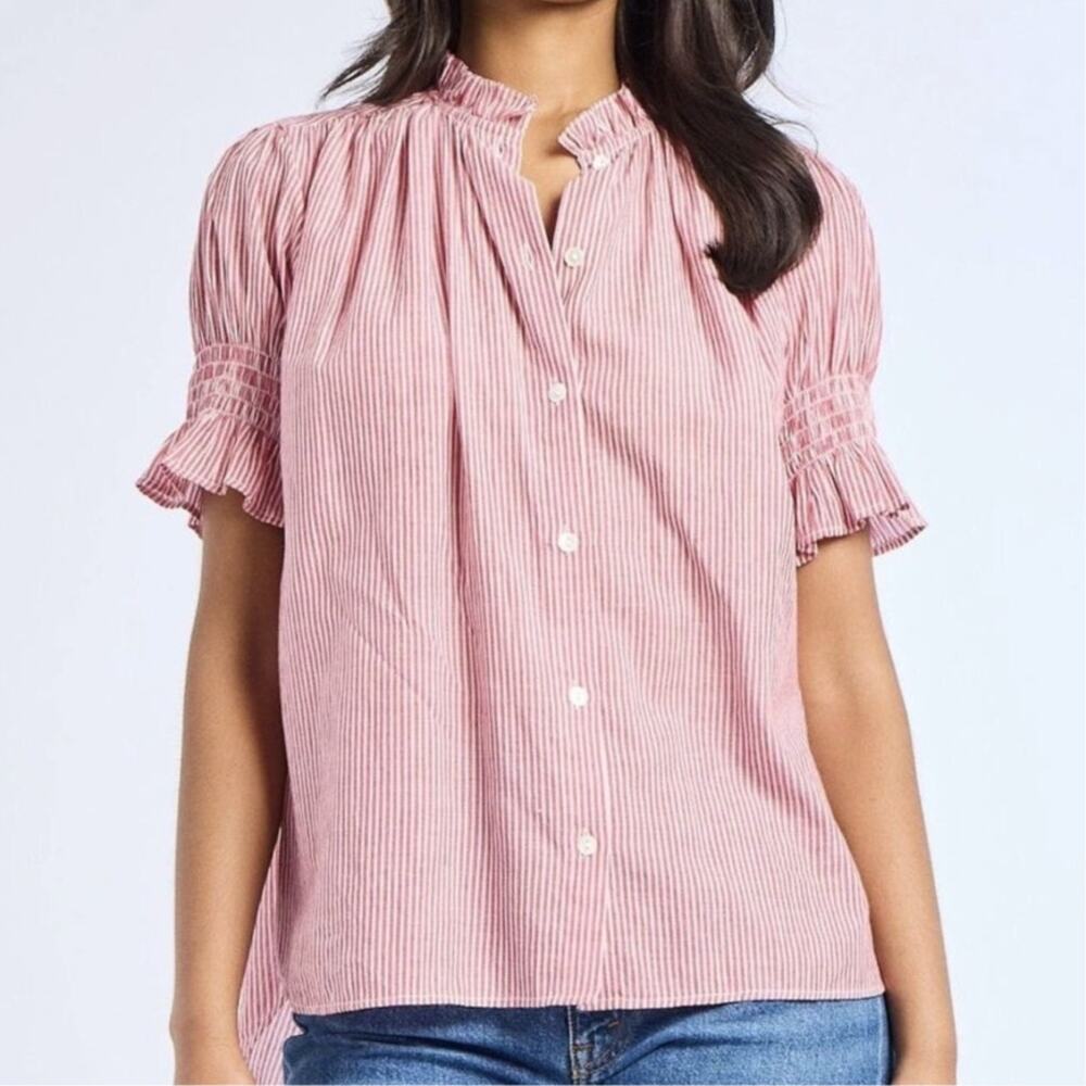 Mille (M) Marnie Tango Stripe Ruffle Boho Blouse Smocked Sleeve Button Down